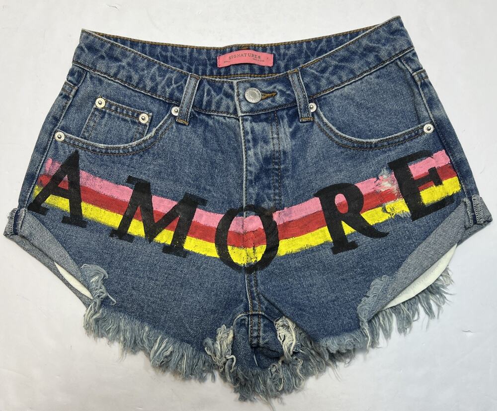 Signature 8 Mid-Rise Cut Off Button-Fly Denim Shorts Cut Off Painted Size Small